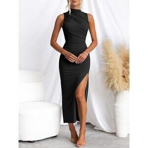 NWOT MIROL Sleeveless Bodycon Maxi Dress Mock Neck Ruched Side Slit Size Medium